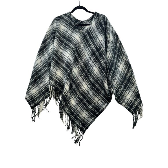Lauren Ralph Lauren Womens Black & White Plaid Fringe Poncho - Picture 1 of 9